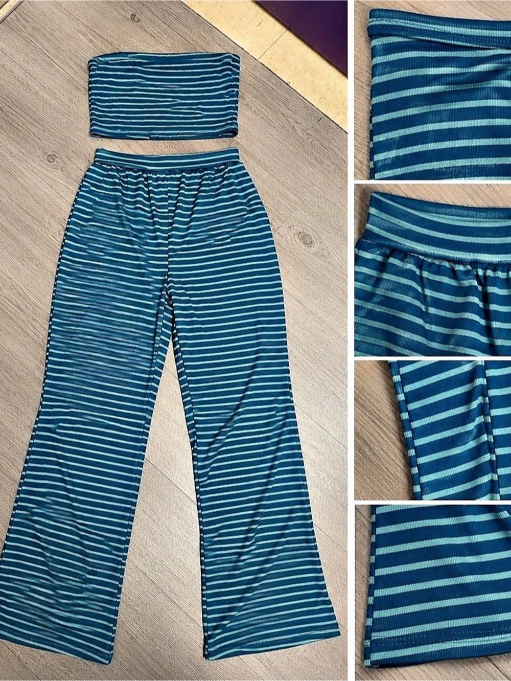 Blue & Green Striped Wide Leg Set